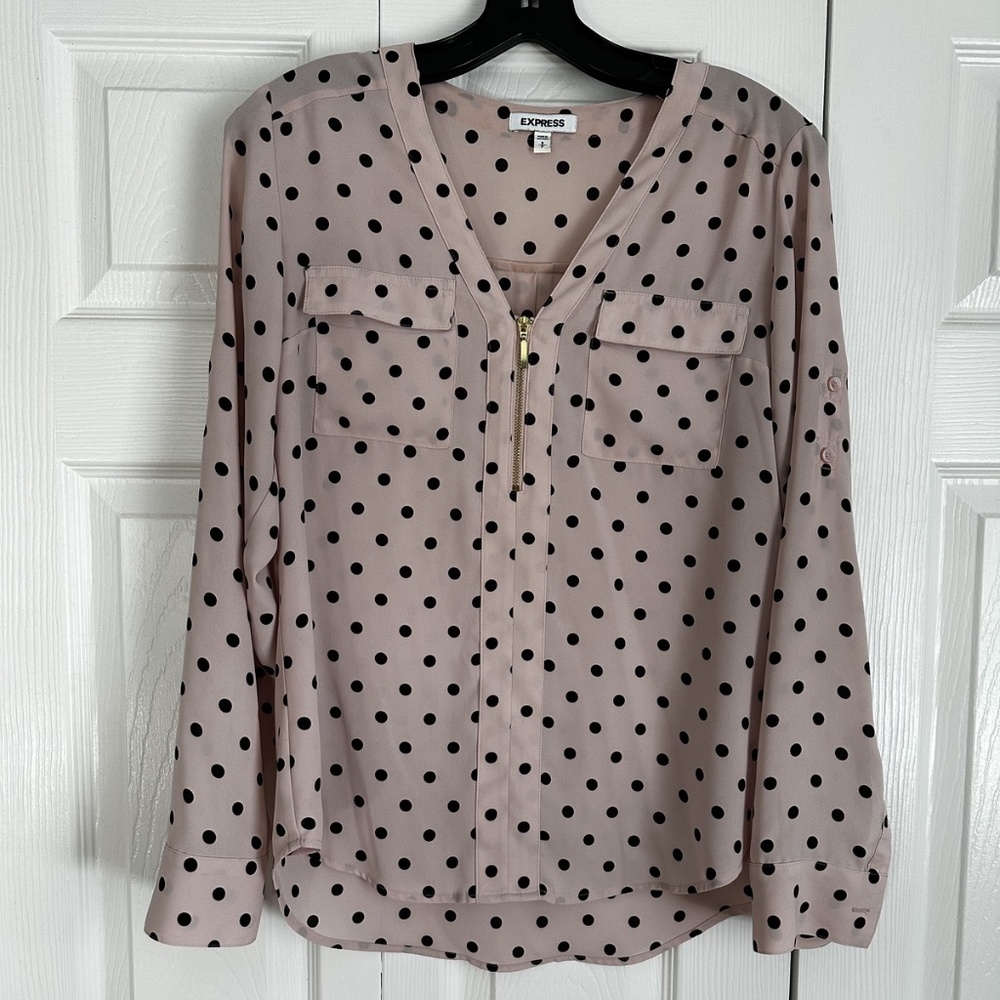 Express Womens Button-Up Shirt Blouse Size Small Beige Pink Polka Dot